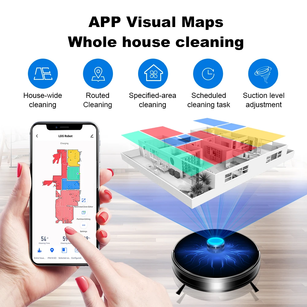 Robot aspirador LILIN XR500, sistema láser, mapas de múltiples pisos, limpieza de zonas, ajuste de área restriccionada para limpieza de alfombras