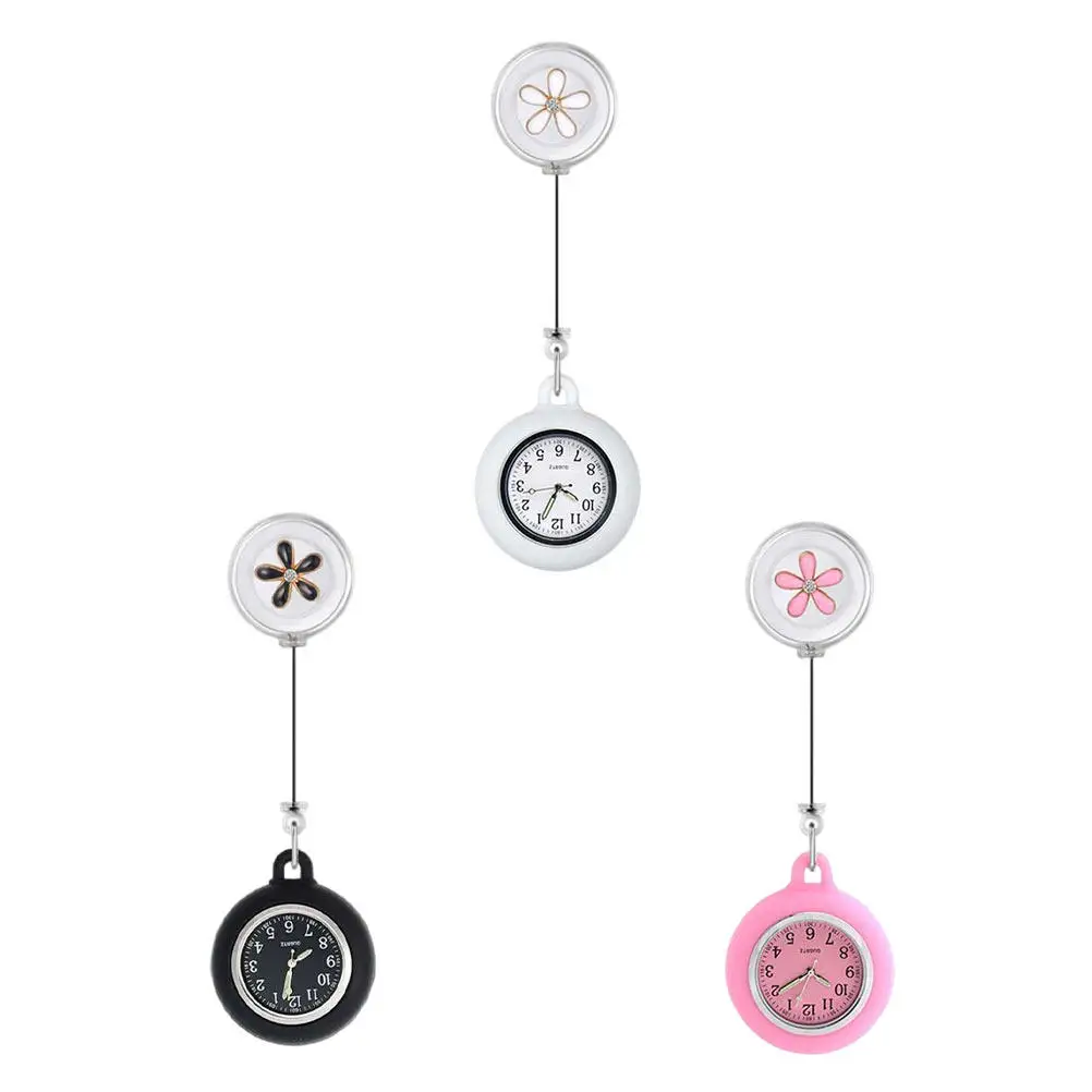 3pcs Retractable Chest Pocket Watches for Nurses & Doctors – Large Dial, Floral Print, Hanging Brooch Style
