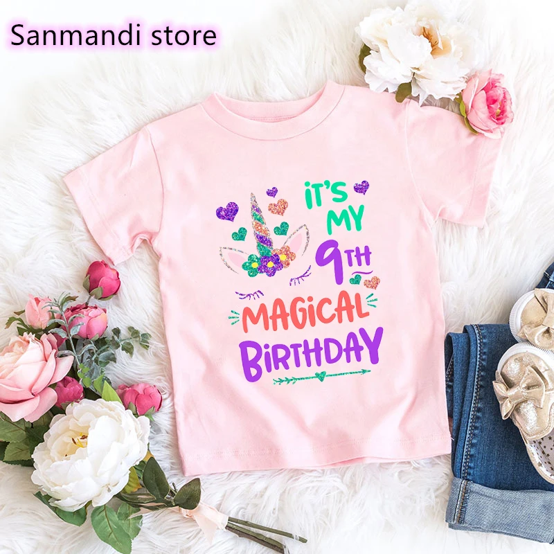 

New Arrival 2022 Summer Tops for Girls It'S My 9th Magical Birthday Graphic Print Tshirt Kawaii Unicorn Children Clothing