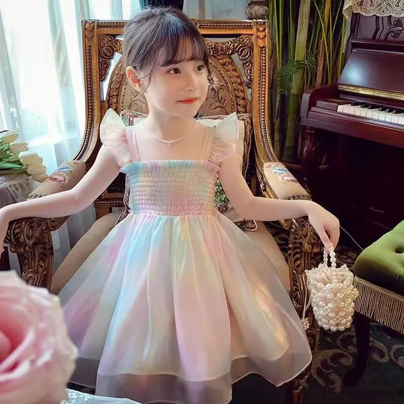 Kids Girs Gradient RainbowTulle Sling Dress Butterfly Decoration Vestido Summer Children Wedding Birthday Party Princess Dresses