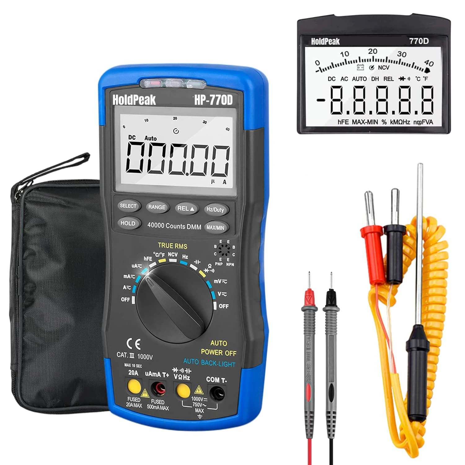 

HP-770D Digital Multimeter TRMS - NCV, AC/DC Voltage, Current, Resistance, Capacitance, Frequency, Temp - 40,000 Counts