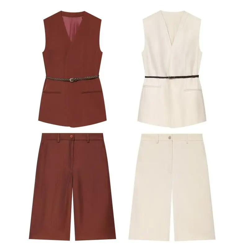 Maxdutti Southern France Minimalist Woman Clothes Pant Sets Two Piece Set Casual Set Belt V-neck Vest Casual High Waisted Shorts
