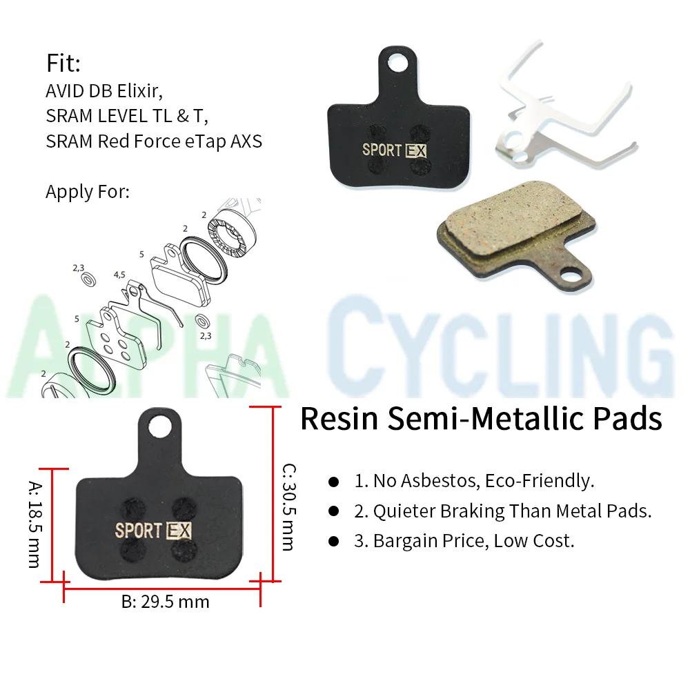 Bicycle Disc Brake Pads for Avid SRAM ELIXIR/DB/LEVEL TL/T/ULT/TLM B1 (2020+), 4 Pairs, Resin Sport EX Class