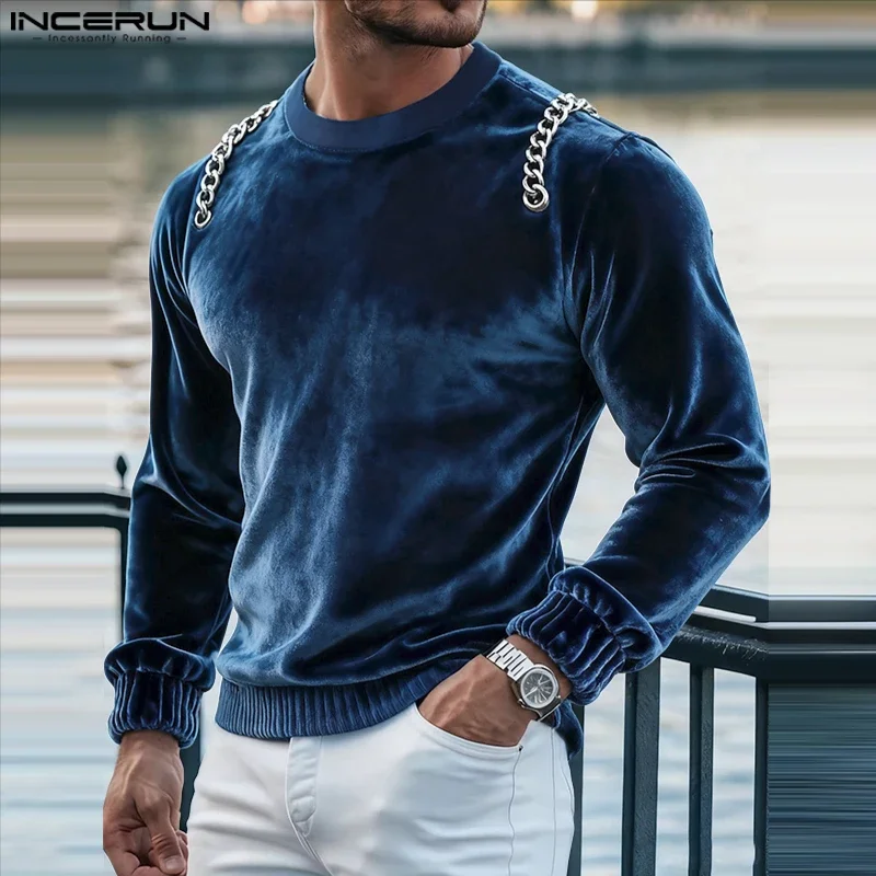INCERUN Men T Shirt Solid Color O-neck Long Sleeve Velour Male Tee Tops Streetwear Spring 2026 Fashion Casual Men Clothing S-5XL