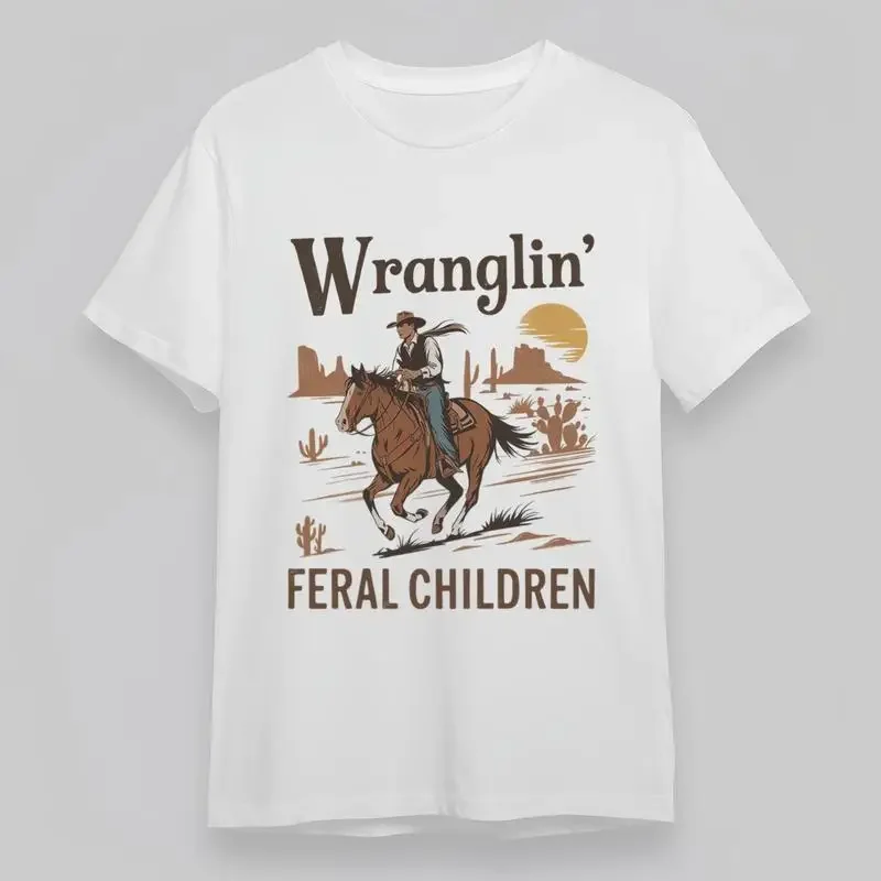 Men'S Soft Comfortable Classic T Shirt Wranglin Feral Children Western Art