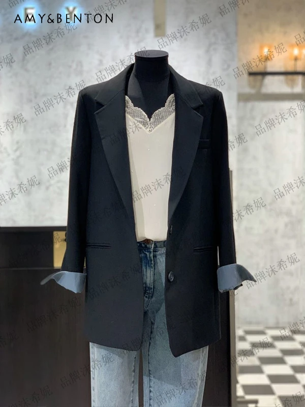 

Spring Single-Breasted Chic Suit Jacket Korean Fashion Retro Color Matching Coat Female Commuter Style Professional Blazer Women