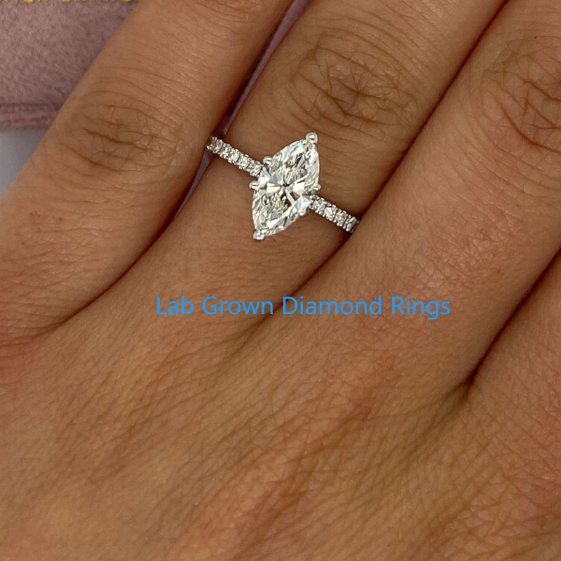 1CT Marquise Cut Lab Grown Diamond Hidden Halo Engagement Ring IGI DEF VS-VVS Platinum 950 Solitaire Pave Band Bridal Ring Women