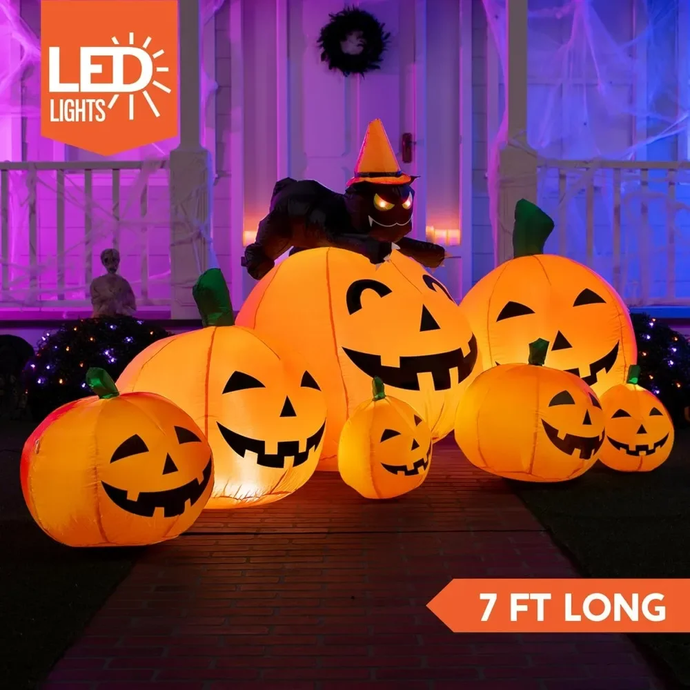 

Halloween Inflatables Pumpkin Outdoor Decorations, 7 Pumpkins Outside Decoration with Witch's Cat with Build-in LEDs Inflatables