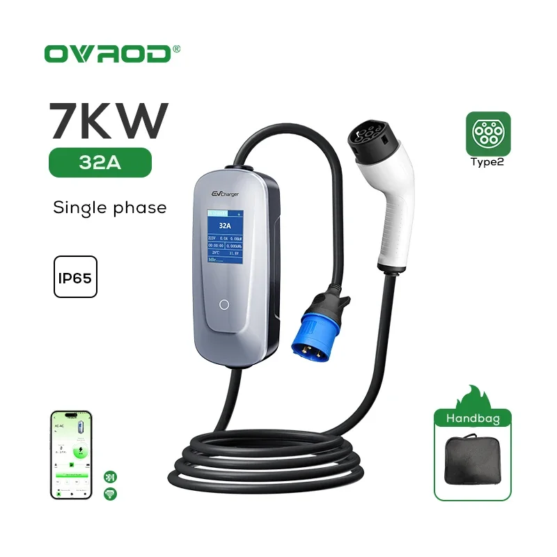 Ovrod Uk شحن ذكي Byd 22kw المستوى 2 1 المرحلة 32a سريع التيار المتناوب نوع 2 سيارة 7kw محطة المحمولة Ev شاحن