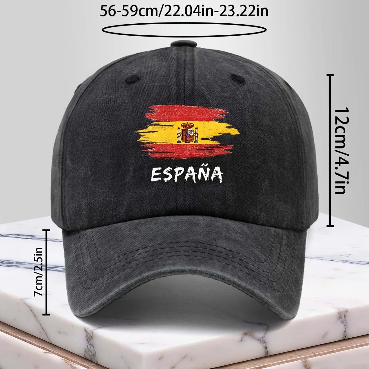 Spain-Themed Baseball Cap with a Curved Brim, Suitable for All Seasons. It Features a Design That Makes The Face Appear