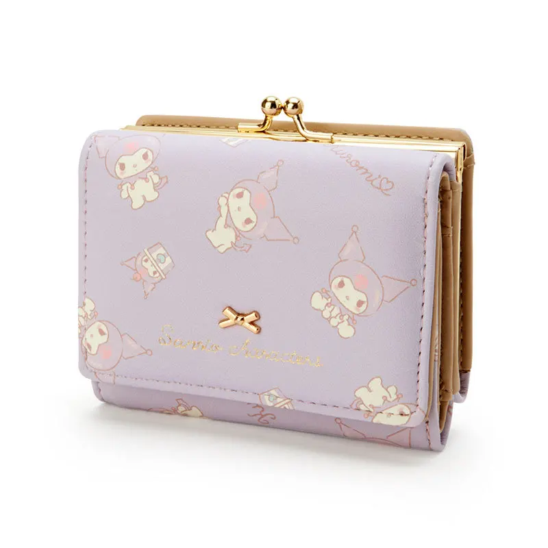 Sanrio Hello Kitty PU Women's Casual Short Two-fold Wallet Kulomi Melody Pompom Purin Style Zipper Buckle Card Clip Coin Purse