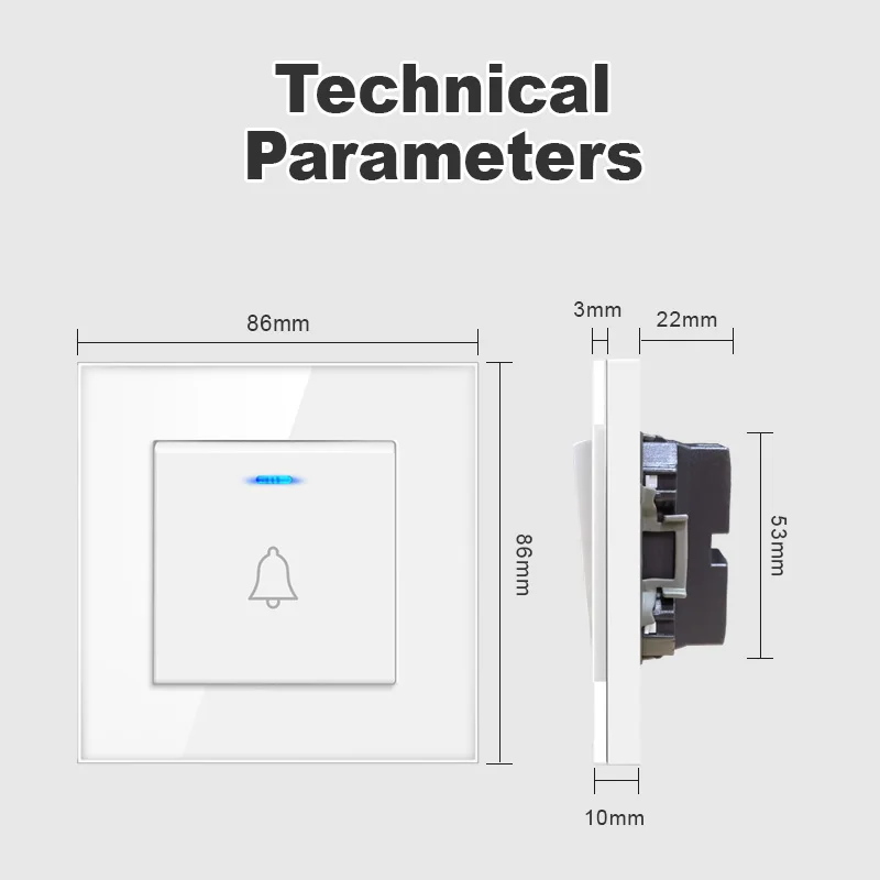EU86 Embedded 110V/220V Wired Hotel and Home Doorbell Switches with LED Indicator Lights, Tempered Crystal Tempered Glass Panel