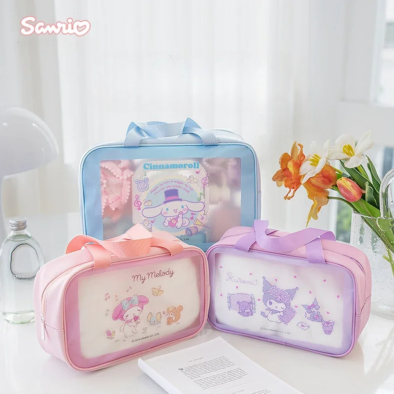 Bolsa de Maquiagem Kawaii Sanrio, Melodia, Armazenamento de Higiene Pessoal, Bonito Kuromi Desenhos Animados, Transparente, Grande Capacidade, Saco de Natação Impermeável