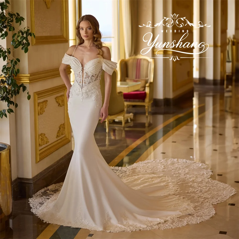 YunShang Customized Beading V-Neck Mermaid Wedding Dress Sweep Train Off Shoudler Appliques Embroidery Sequin Spaghetti Strap