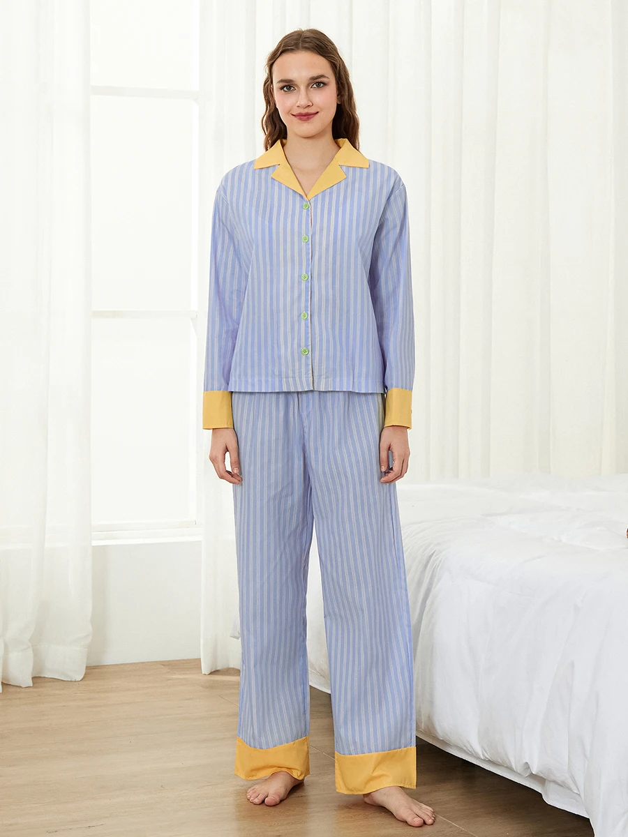 Women Pajama Set, Striped Contrast Color Long Sleeve Top with Pants Sleepwear Loungewear