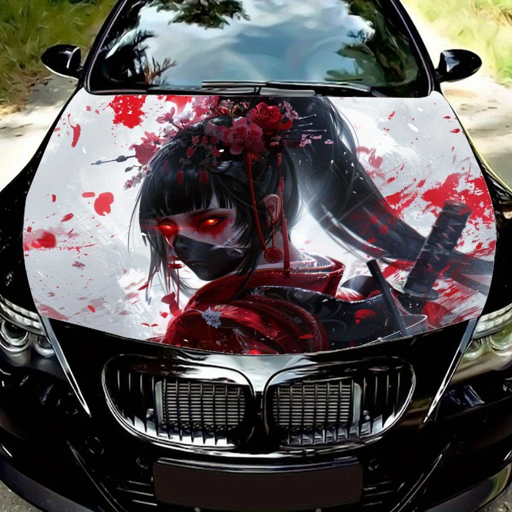 

Red Shadow Hidden Edge: Intricate Samurai Graphics with Blossoms and Blades; Vinyl Car Wraps, Engine Hood Graphics, Custom Engin