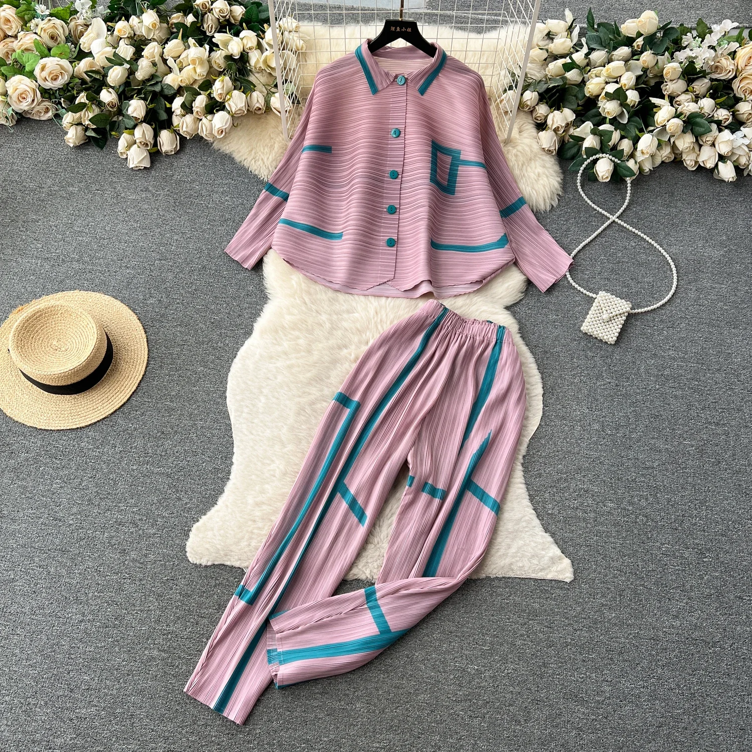 Fold Design Light Luxury Senior Sense Suit Women's Autumn Loose Shirt + High Waist Hanging Pants