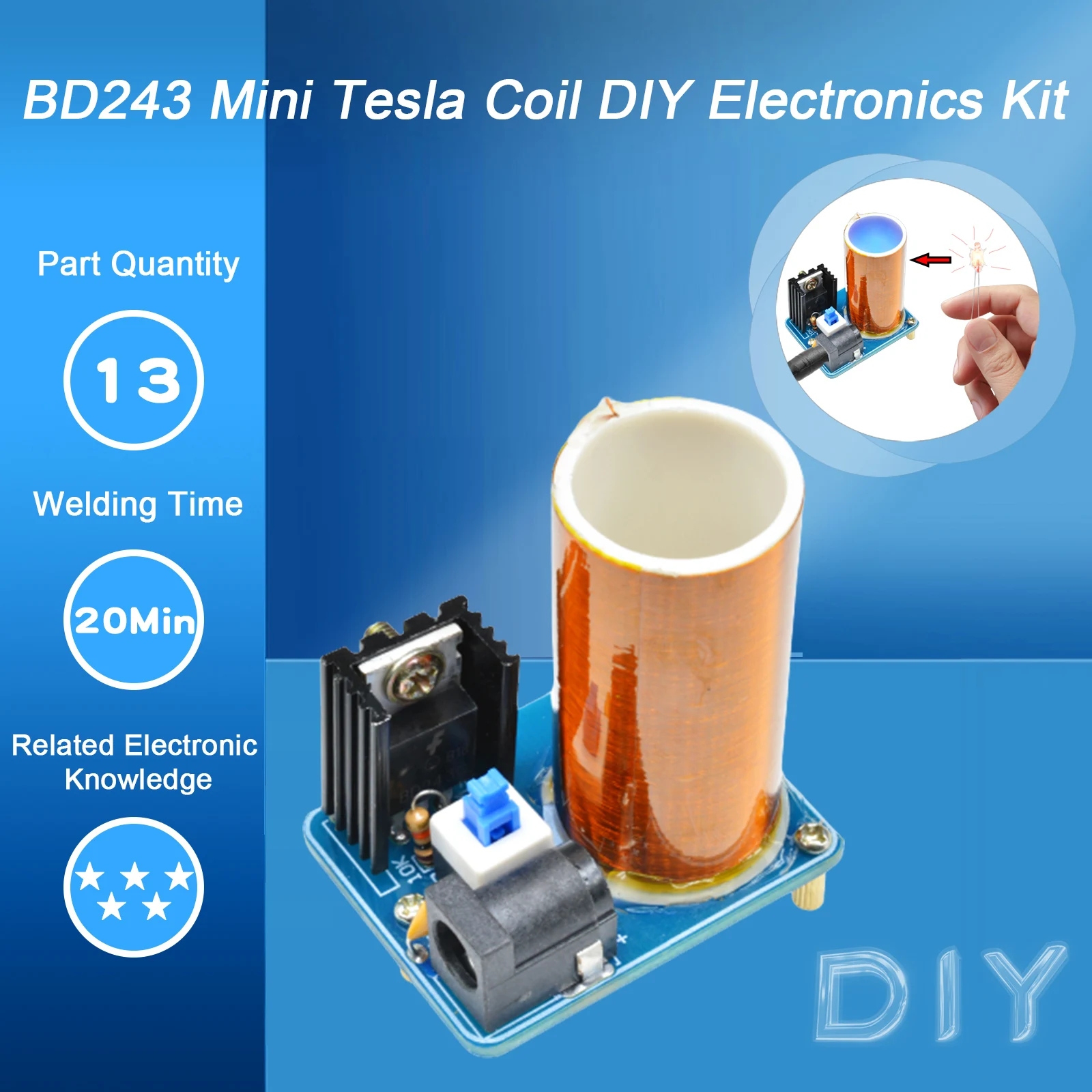 BD243 Mini Tesla Coil Kit Magic Props DIY Parts Empty Lights Technology Diy Electronics BD243C