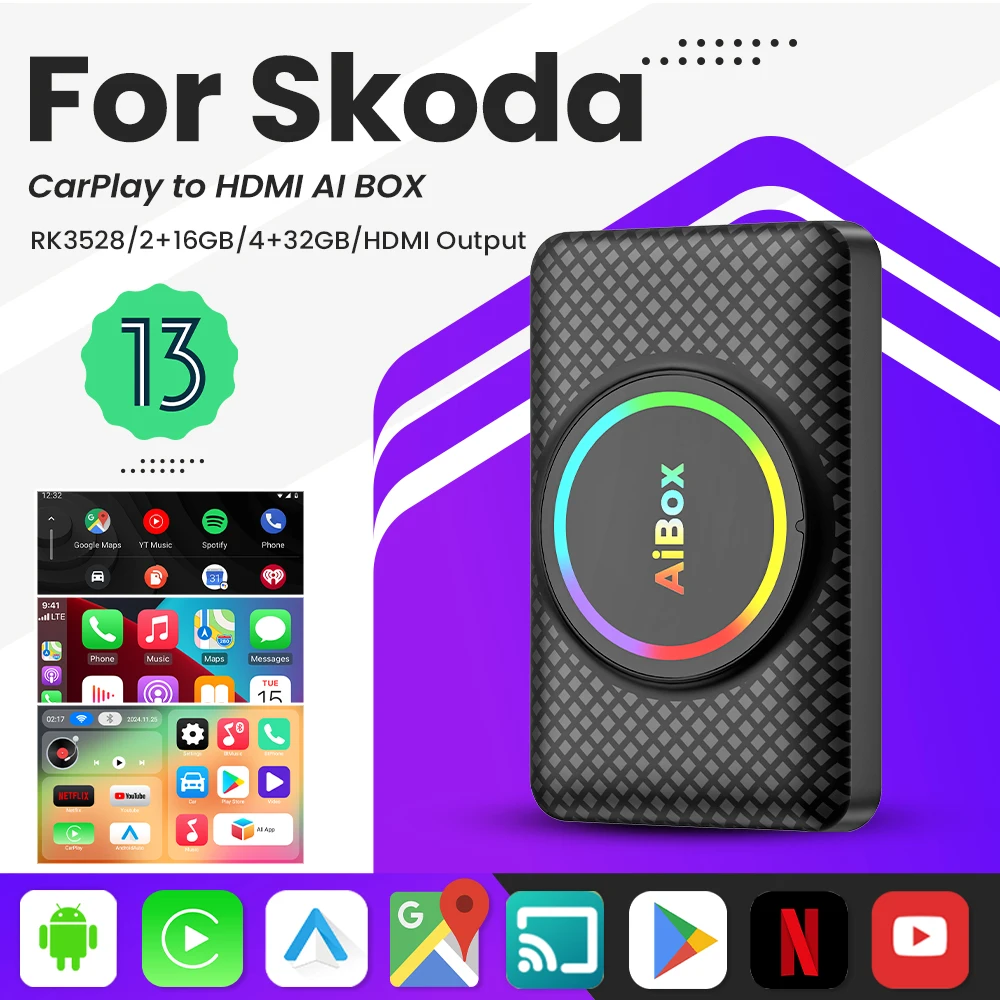 Smart Ai Box Android 13 Wireless Android Auto CarPlay HDMI For Youtube Nexflit TV Box For Skoda Yeti Fabia Octavia Rapid Superb