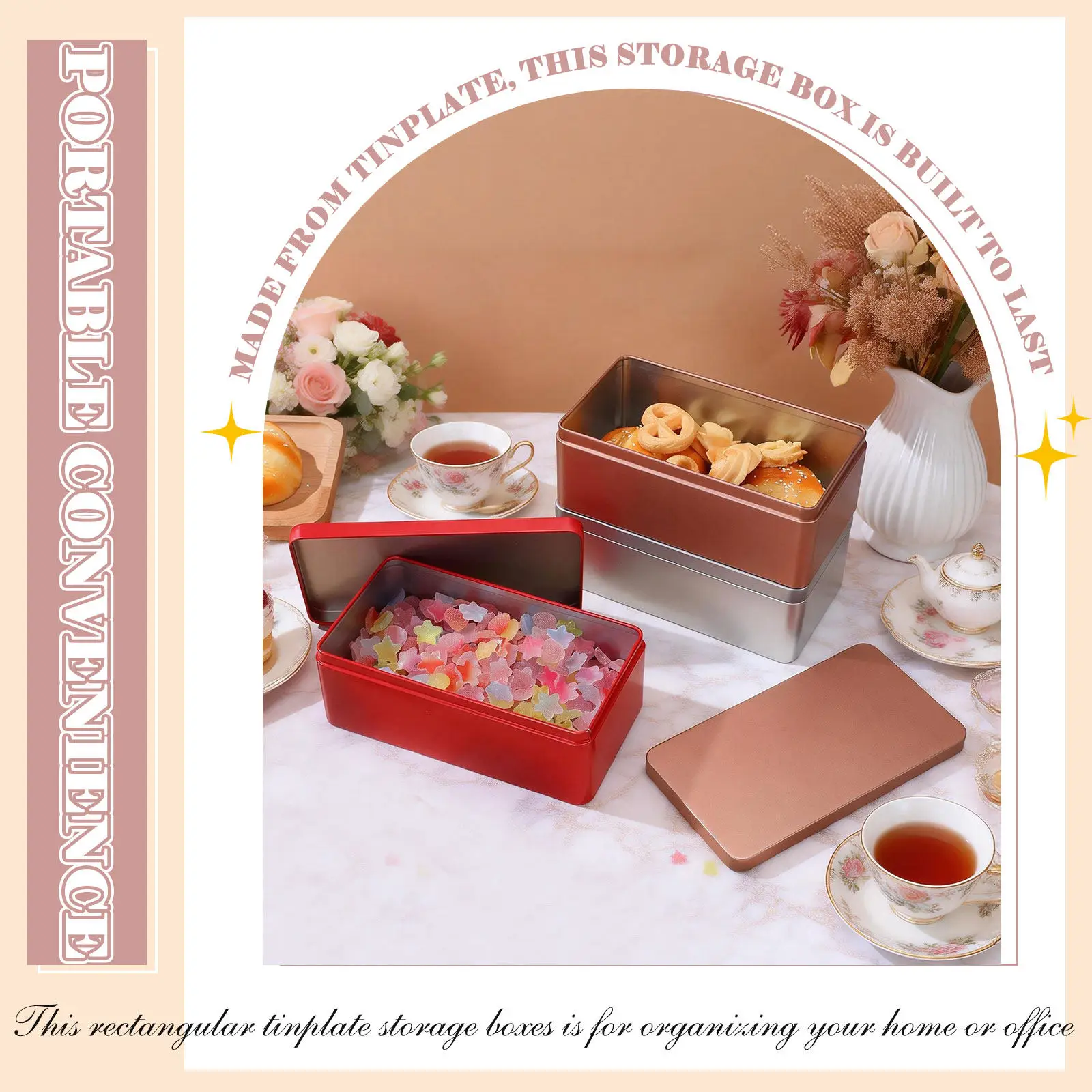 3Pcs Rectangular Metal Tin Storage Boxes Multifunctional Organizer Case for Office Home Kitchen Tea Leaf Candy Paper Clip