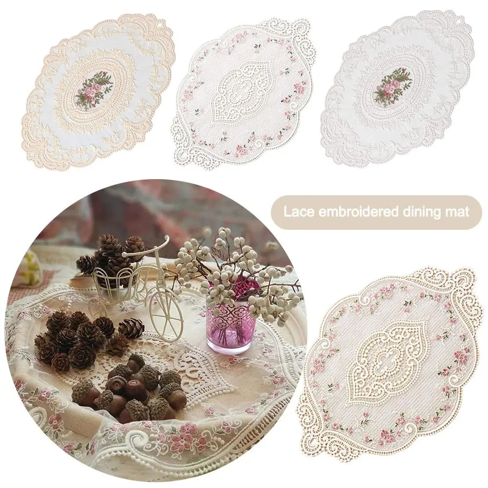 European Style Oval Retro Vintage Lace Embroidered Coaster Dish Tableware Mat Kitchen Cup Placemat Dinner Table Decor Mat Cloth