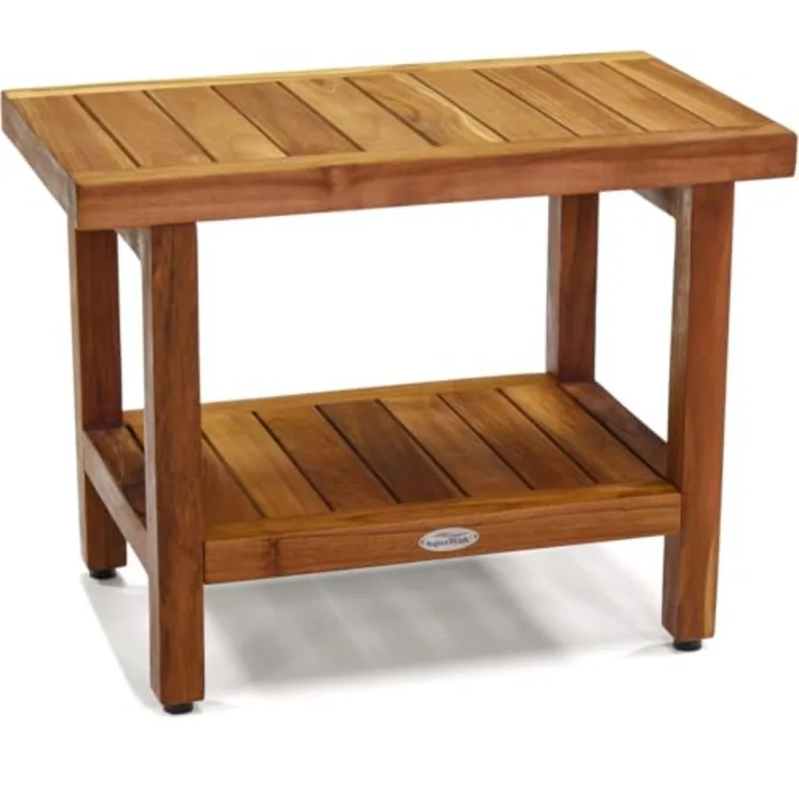 

24 Spa Teak Shower Bench with Shelf for Bathroom Natural Wood Finish Durable and Rust-Resistant Design