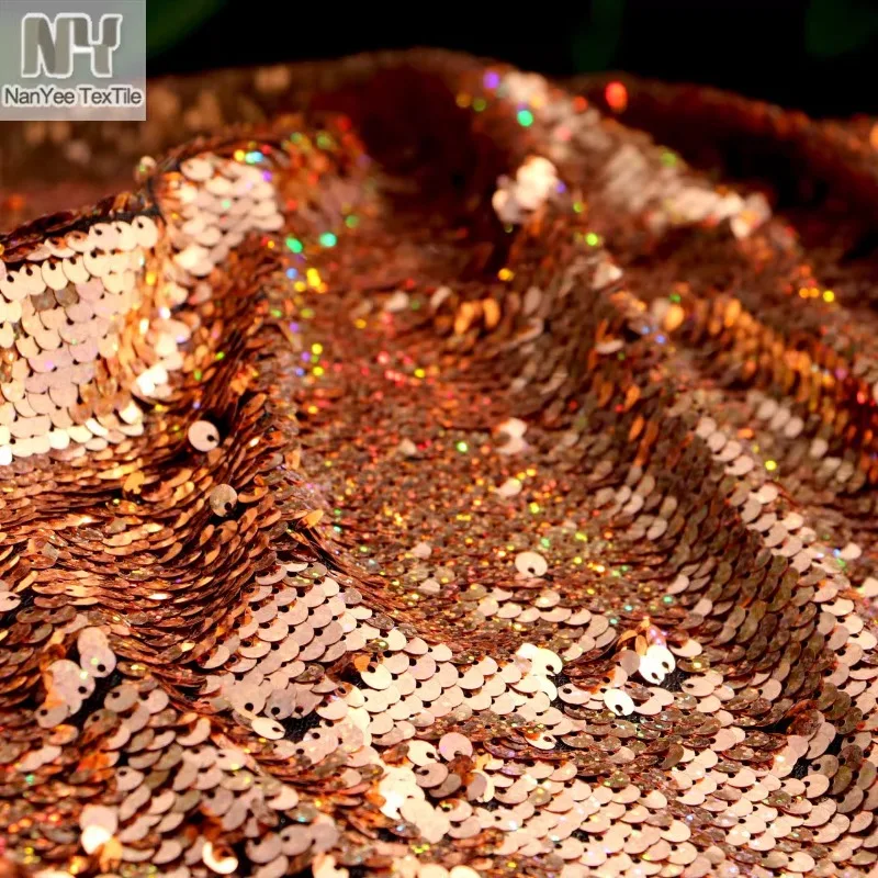 Rose Gold Laser Sequin Mesh Fabric for Clothing Jacket Sparkling Cloth Antique Copper Brown Colorful Designer Diy Sewing