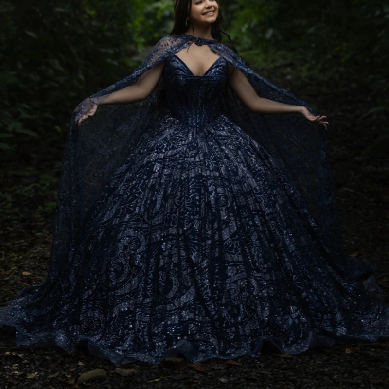 

Navy Blue Shiny Ball Gown Quinceanera Dresses Off The Shoulder Sequin Applique Lace Beading Crystal Tull Party Birthday Sweet 16