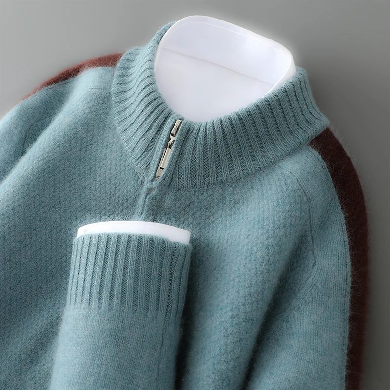 Pull à col semi-haut pour homme en laine australienne 100%, tricot color block, pull à manches longues ample pour homme, best-seller du printemps