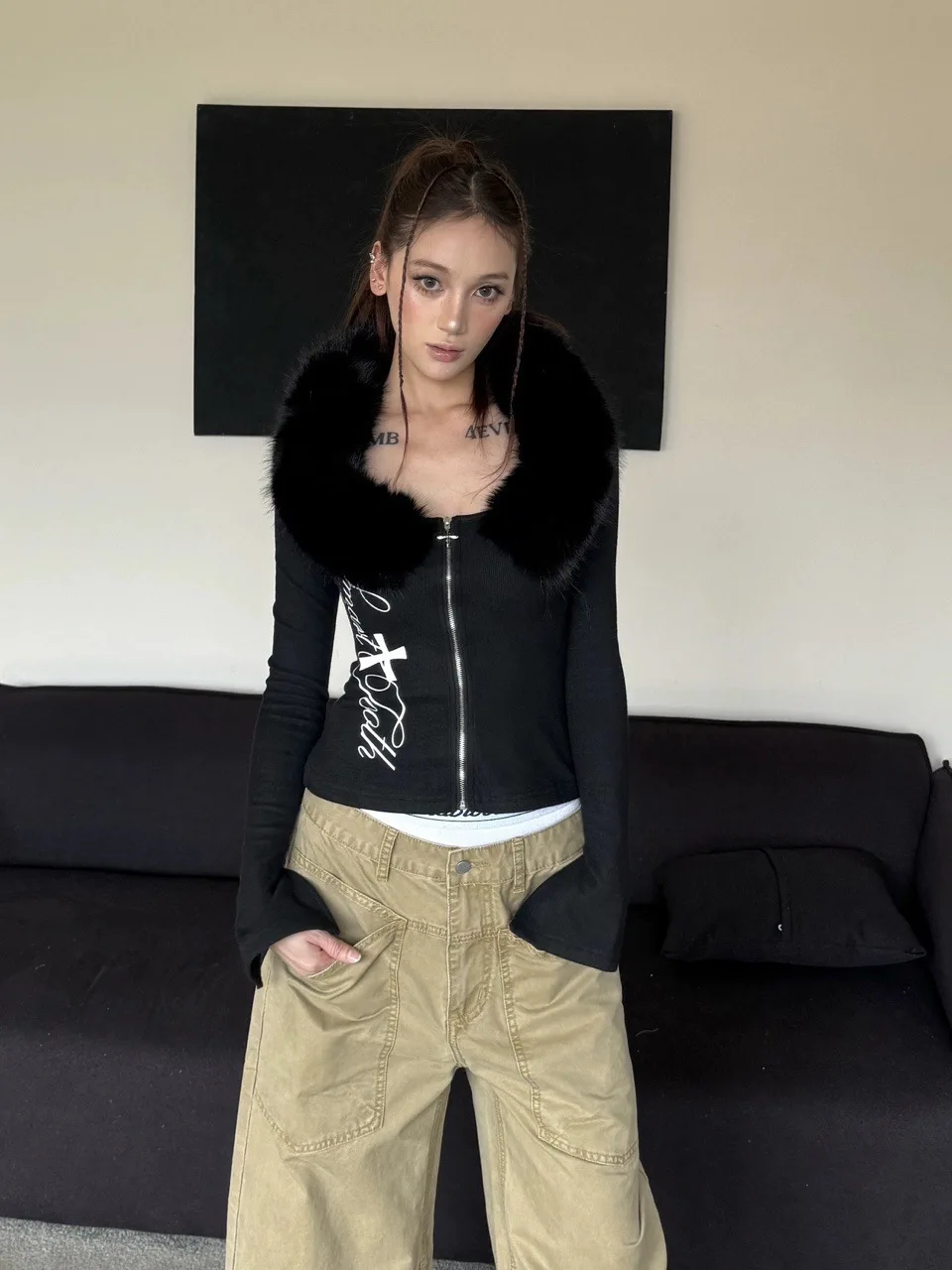 

Винтажный кардиган с меховым воротником, универсальный, с длинными рукавами, худи Lulu, женская одежда с принтом, облегающий крой, сексуальный стиль, одежда для девушек в стиле Y2K.