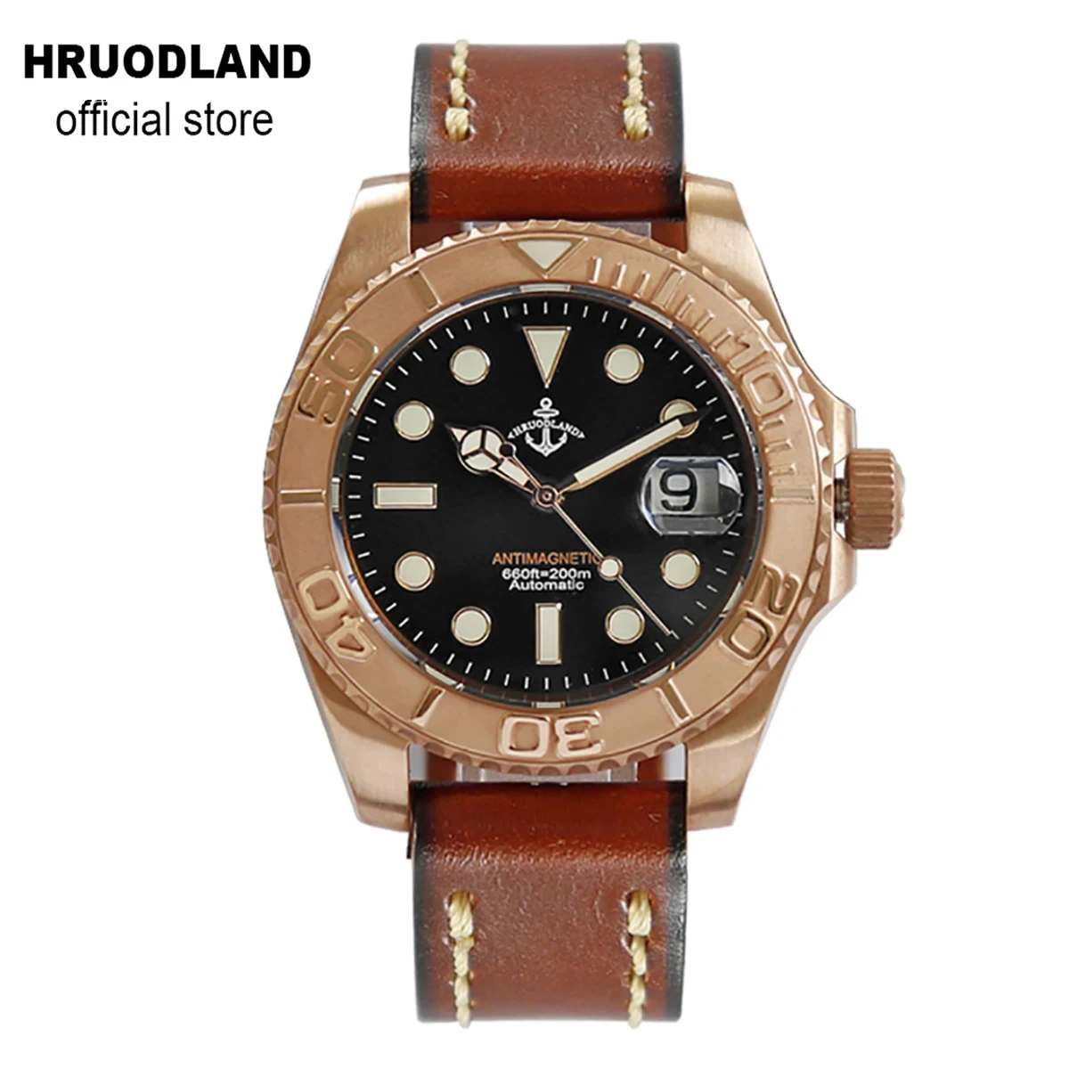 

2024 New Hruodland Solid Bronze Men Watches Waterproof Sapphire Crystal Brown Leather Strap Classic Automatic Mechanical Watch