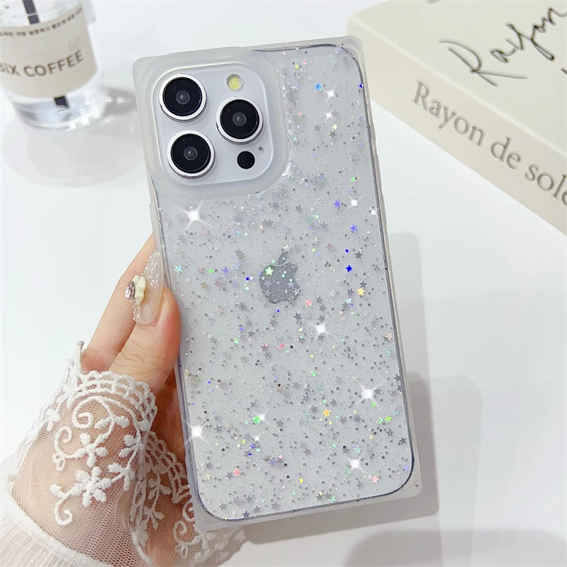 Luxury Square Glitter Bling Transparent Phone Case For iPhone 15 14 Plus 13 12 Pro Max 11 Shockproof Bumper Soft Silicone Cover