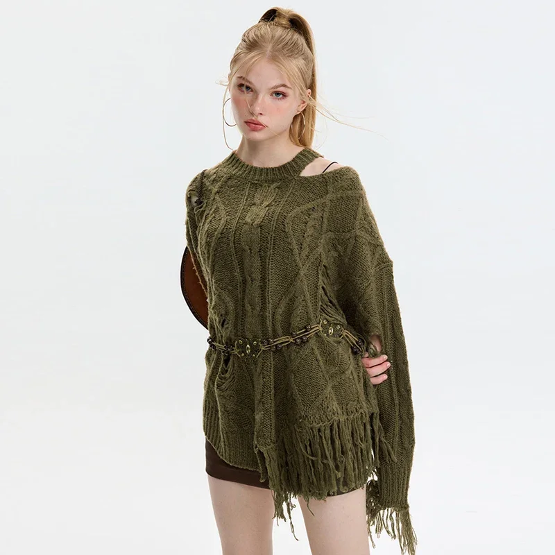 Hollow Out Oversize Sweaters For Women 2024 Asymmetrical Tassels Knitted Pullover Sweater Y2K Streetwear Grunge Clothes