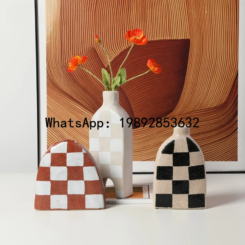 Frosted Ceramic Vase Geometric Check Pattern Flower Vase Flower Arrangement Accessories Coarse Pottery Pot Home Decoration