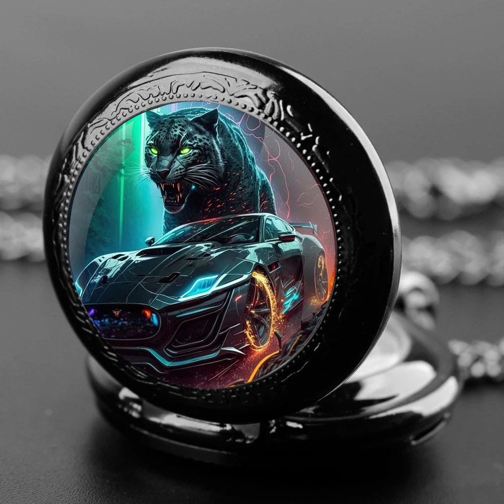 Cool Tiger Car Design Necklace Quartz Pocket Watch Arabic Numerals Men's Souvenir Gift Collection Powerful Jewelry Gift