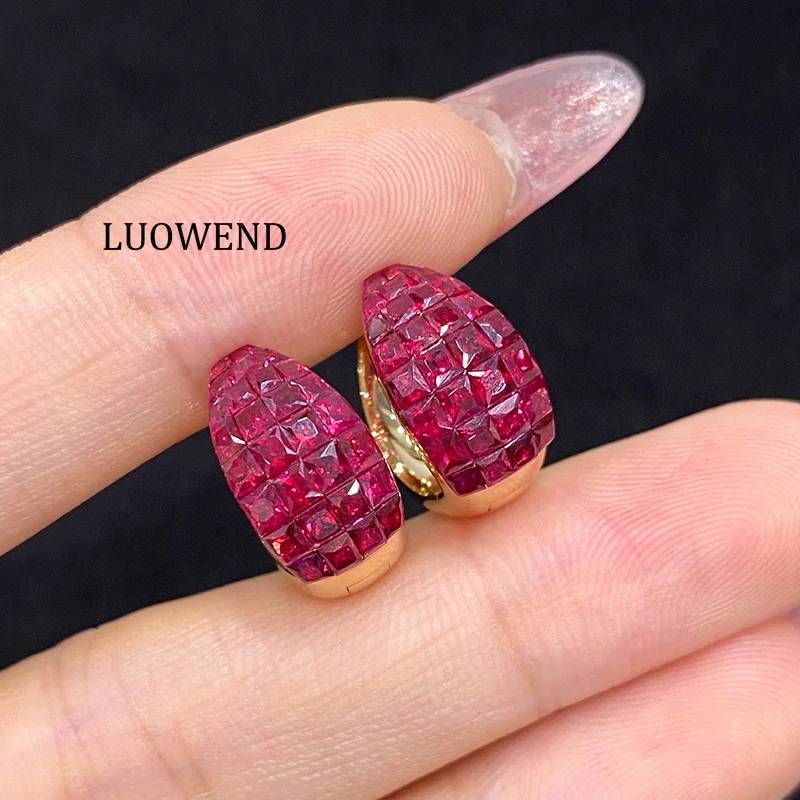 LUOWEND 100% 18K Yellow Gold Earrings Fashion Style Natural Ruby Hoop Earrings for Women Senior Banquet High Gemstone Jewelry