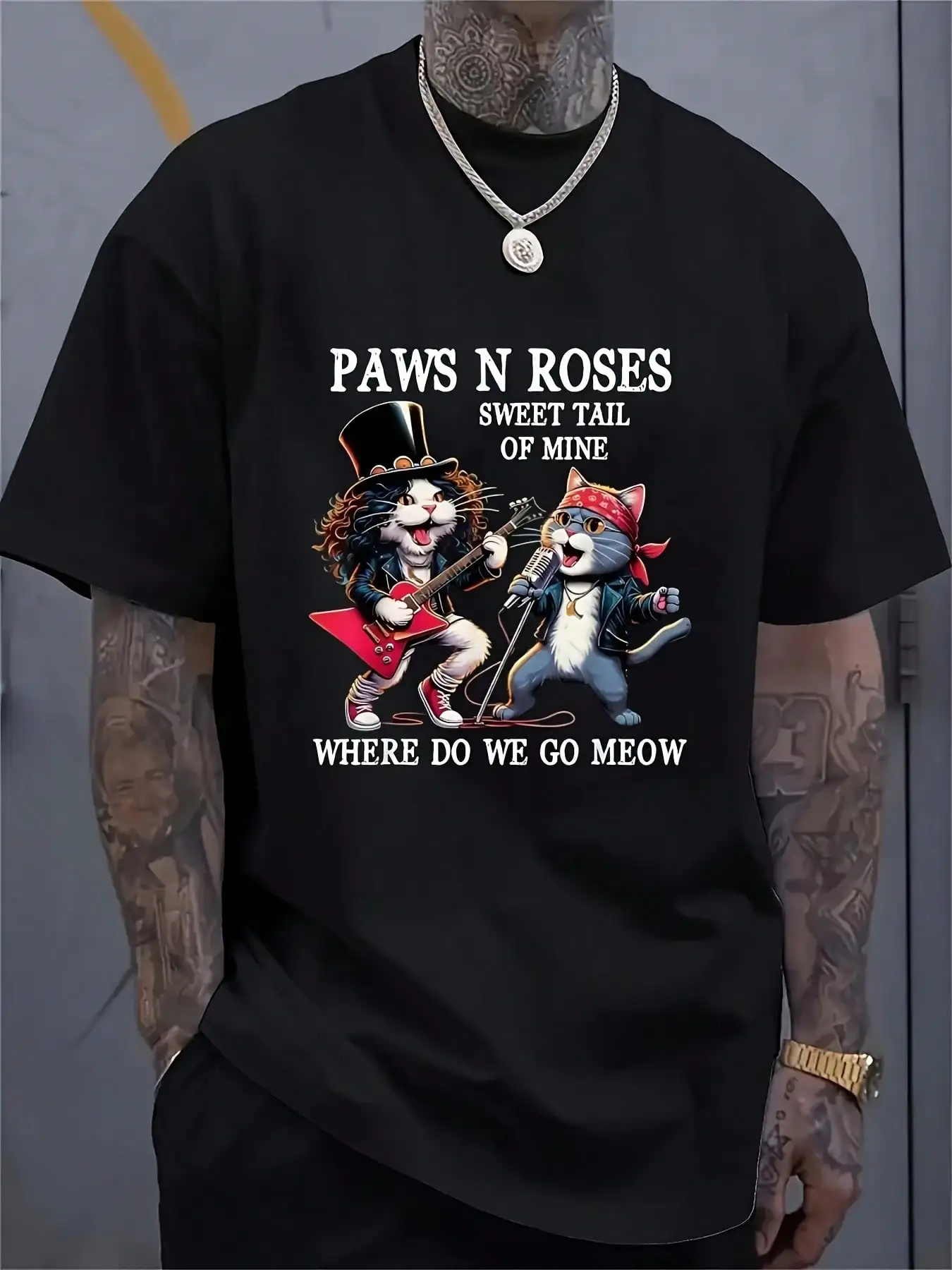 

Men's Vintage Rock Band Cats Graphic T-Shirt Retro Punk Rock Tee With Paw Print Black Regular Fit Shirt For Cat Lovers