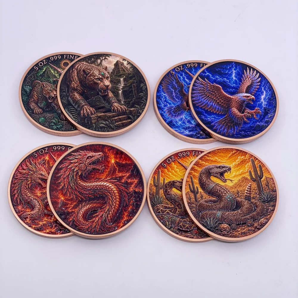 5OZ .999 Kupfermünzen Geflügelte Sieges-Reliefmünze Farbige Gedenkmünze mit Jaguar, Adler, Schlange, Drache, Mythische Kreatur Sammlermedaille