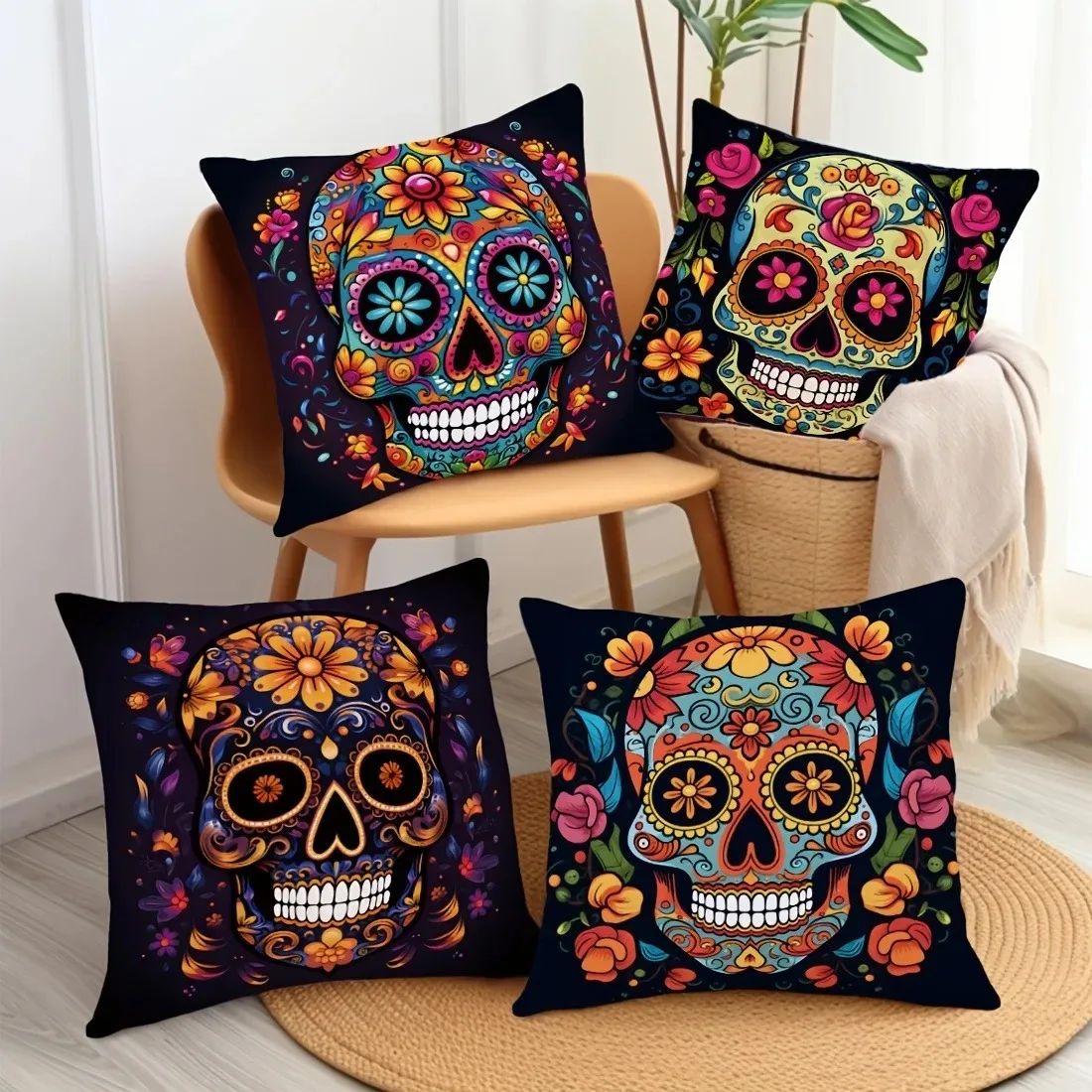 Gruselige Halloween-Kissenbezüge, 45 x 45 cm – bunte Kissenbezüge mit Zuckerschädel-Aufdruck, Kissenbezug für Sofa und Wohnzimmer