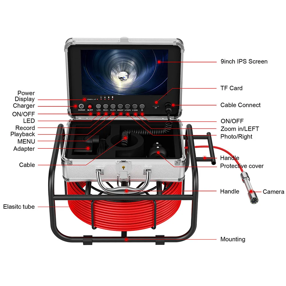 17mm 20M Cable 9 Inch DVR Waterproof Sewer Pipe Inspection Camera with Meter Counter 512HZ Transmitter