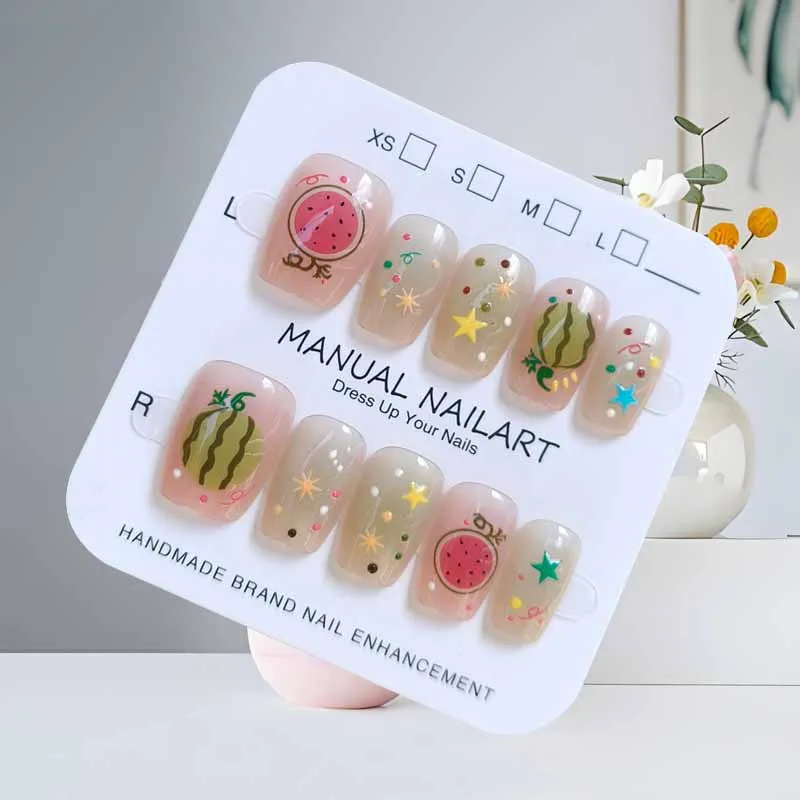 10 pièces mignon fruits pastèque ananas doux Cool oeil de chat personnalisé stéréoscopique presse sur ongles Nail Art faux ongles Patch
