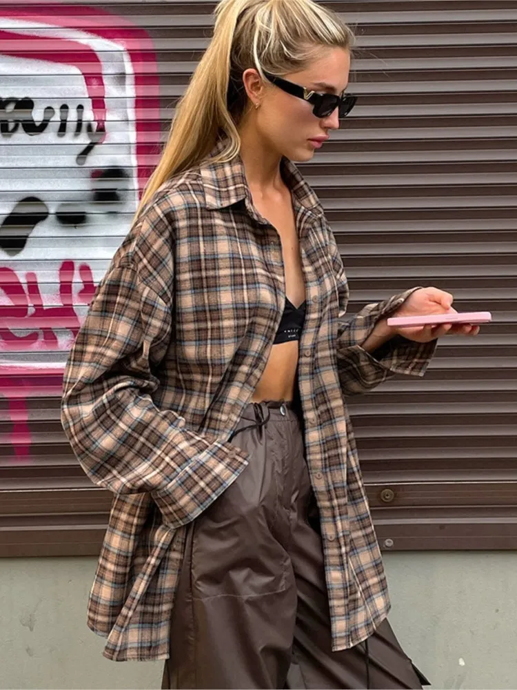 

Винтажные клетчатые рубашки, женская модная однобортная свободная рубашка с длинным рукавом, женская новинка 202, весенне-осенняя повседневная классическая блузка