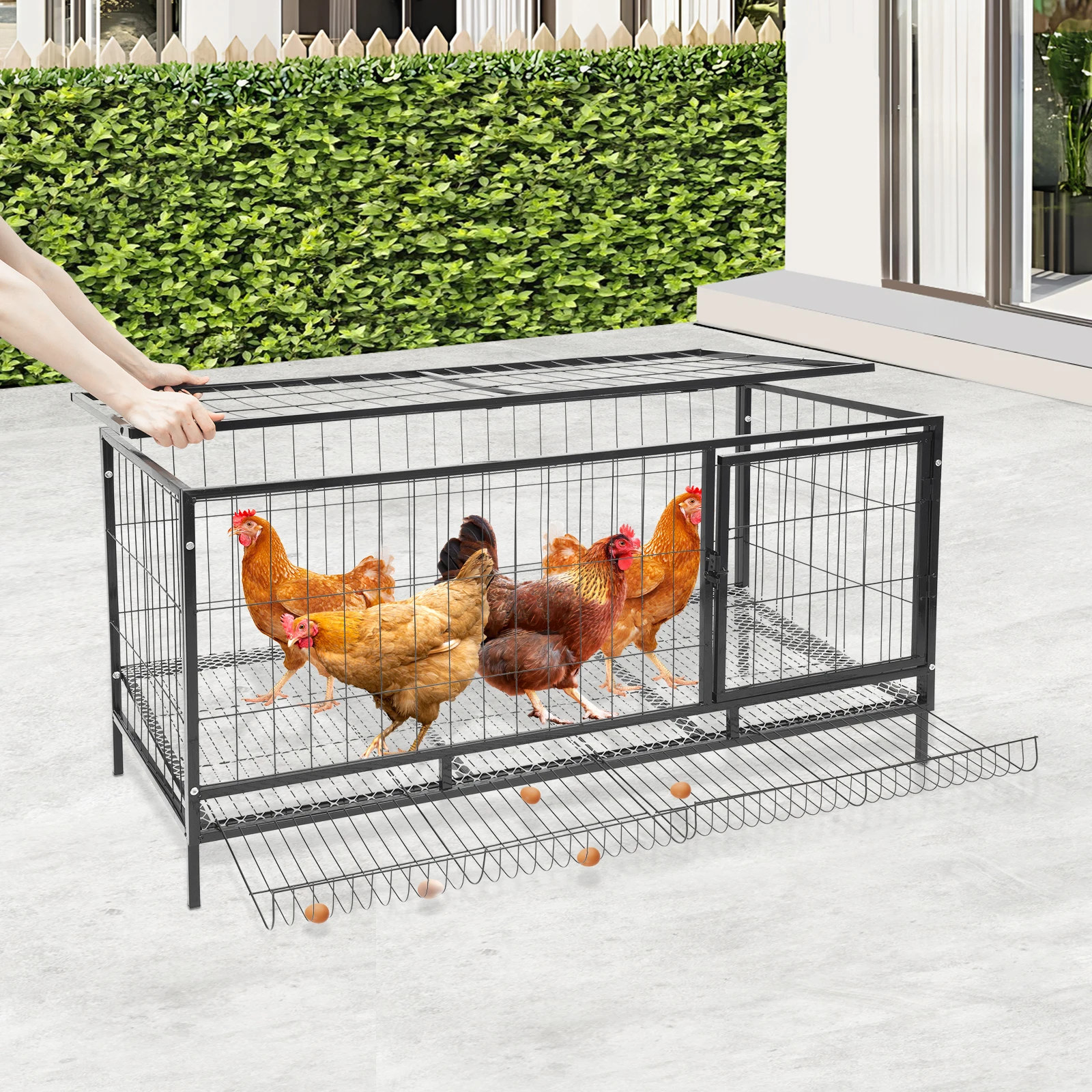 Black Large Chicken Coop for 10 Hens with Automatic Egg Collection, Indoor Outdoor Wooden Aviary Hen House with Nesting Boxes & Waterproof Roof, Easy Clean Tray for Backyard Poultry Chicken Farm