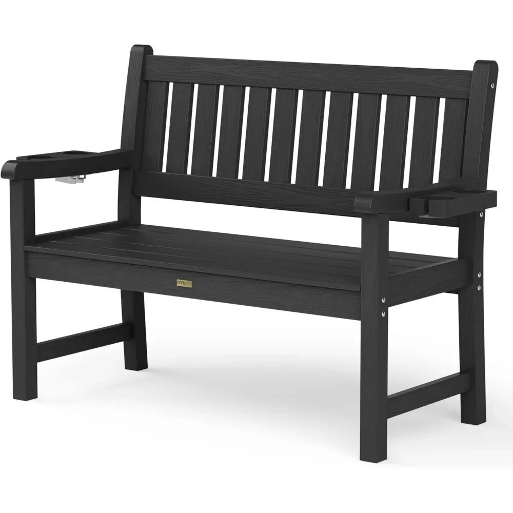 Outdoor Bench, Garden Benches, All Weather Patio Seating Bench with 2 Cup Holders, Patio Park Bench for Patio