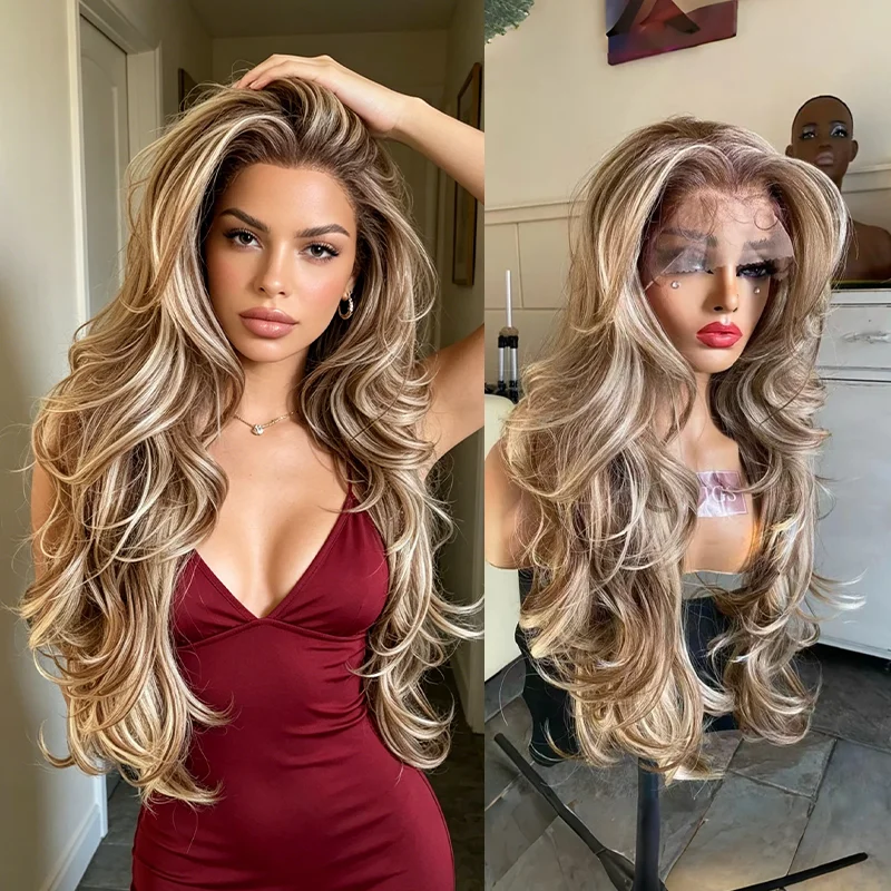 

Long Blonde Balayage Wig 13x4 Blonde Lace Front Wig 30 inches Light Dark Medium Blonde with Brown Highlights Synthetic Fibre