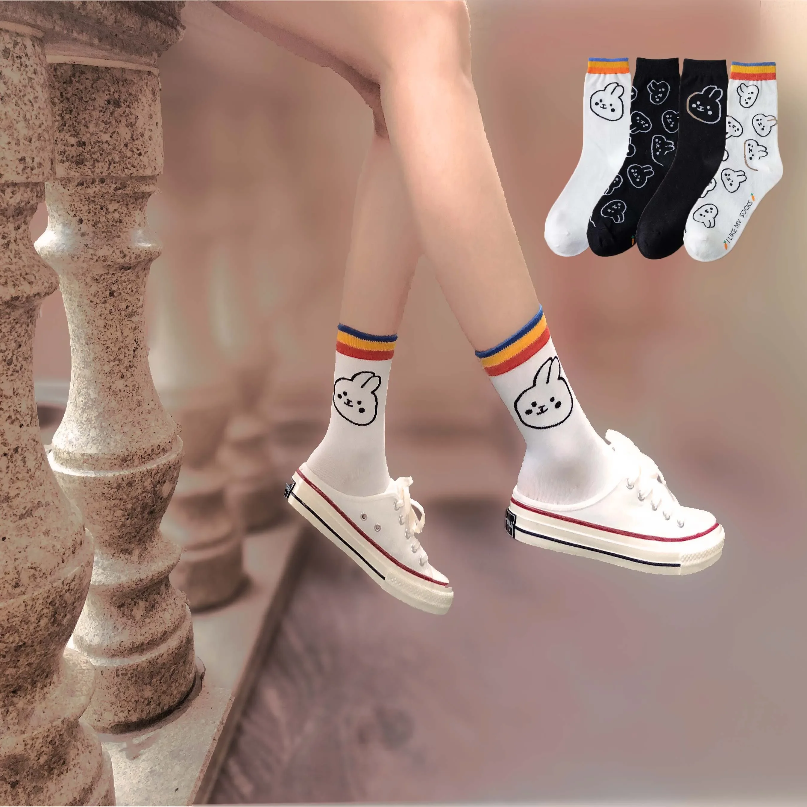 

women socks spring summer cartoon rabbit cute Kawaii white black fashion Japanese korean style Harajuku cotton socks