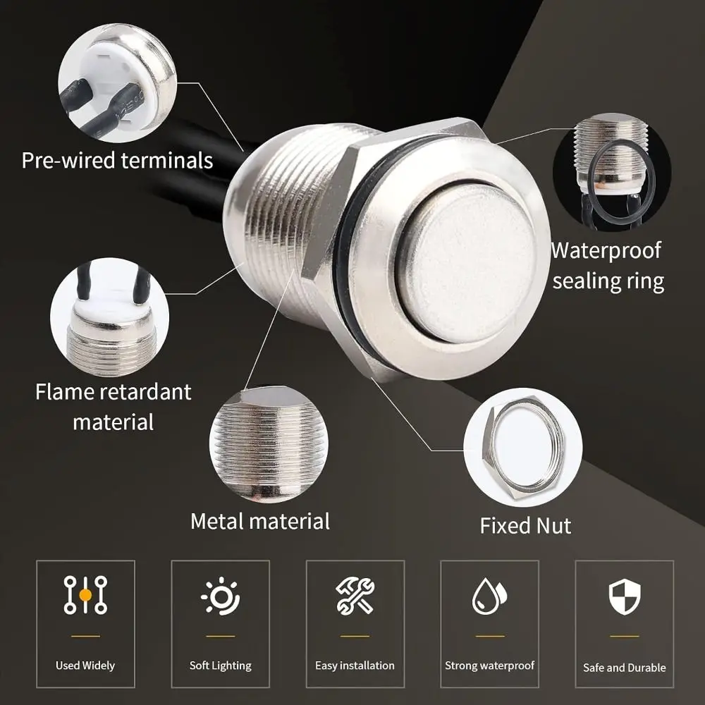 Widely Application 12mm Momentary Push Button Switch with pre-Wiring IP65 Waterproof Black Shell 1 Normally Open