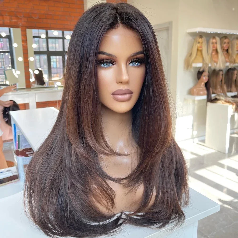 Weiche 180Density 26 Zoll Ombre Brown Straight Long Lace Front Perücke für schwarze Frauen Babyhaar vorgezupft natürlicher Haaransatz leimlos