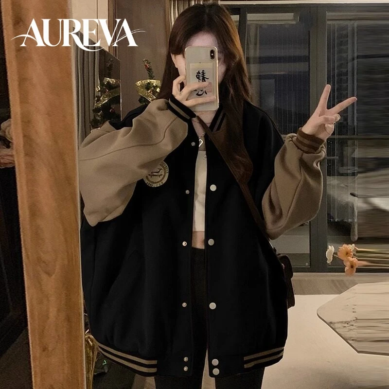 Autumn Vintage Baseball Jacket Women Loose Oversized Casual Couple Jacket Trendy Versatile Outerwear Teen Student Blouse Tops