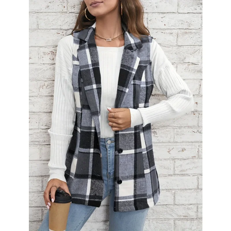 Gilet senza maniche scozzese da pendolarismo elegante Primavera e autunno Gite casual Abbigliamento moda donna Gilet scozzese monopetto con risvolto